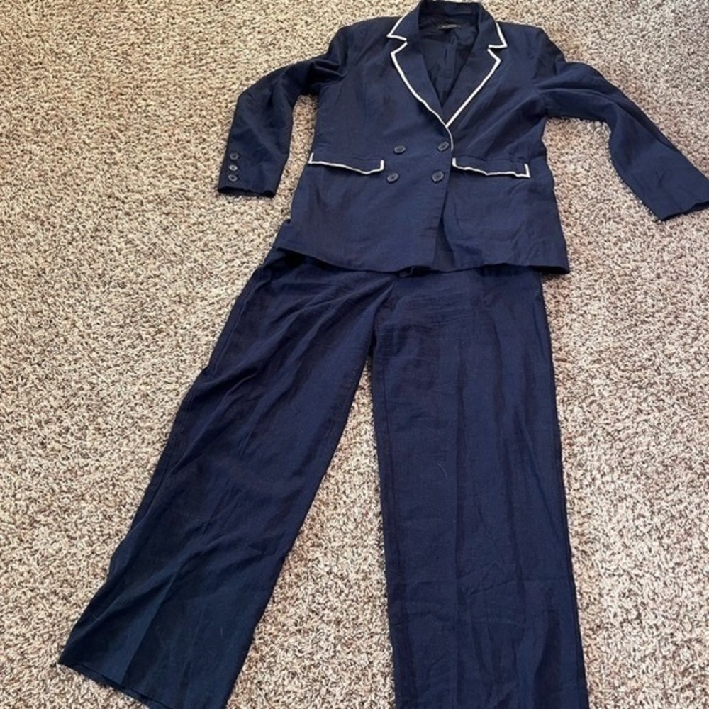 Halogen‎ Navy Blue Linen Pantsuit with White Trim| Jacket 1X | Pants 12